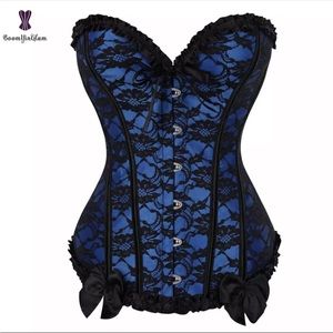 4XL Plus Size Blue  Corset Floral Bustier top Lace Up Boned Bodyshaper Tops
